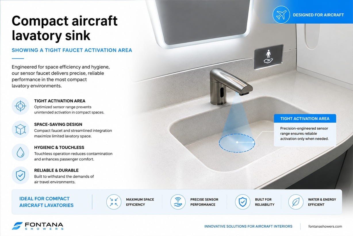 Compact aircraft lavatory sink showing a tight faucet activation area